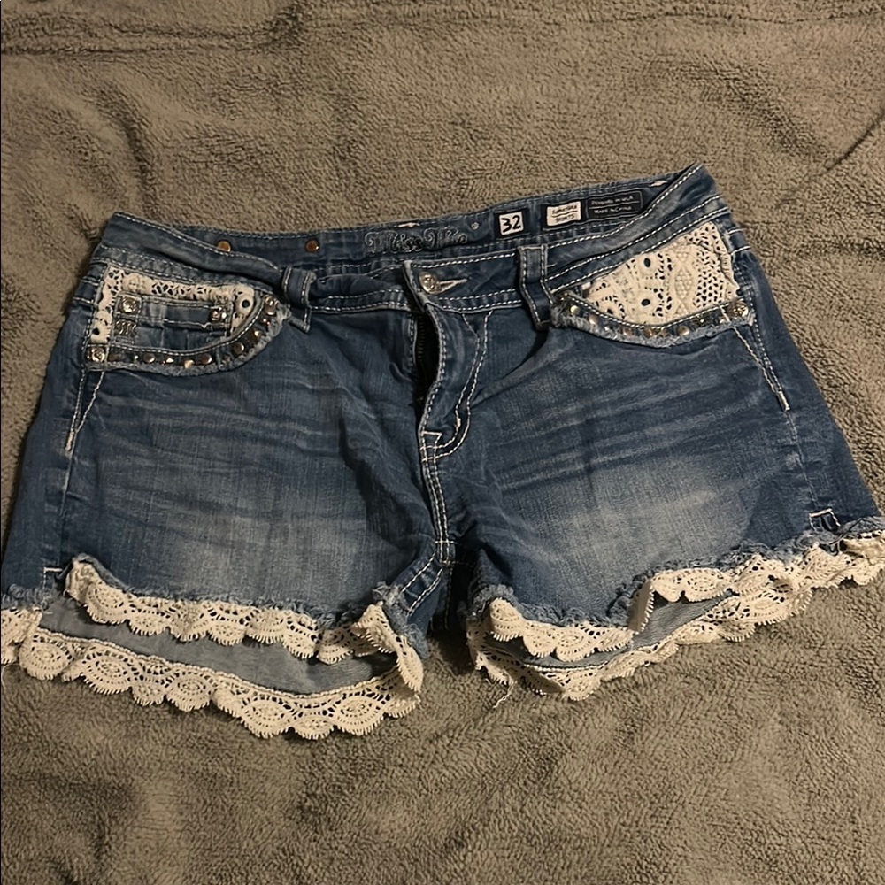 Miss Me Blue Jean Shorts with Distressed Details